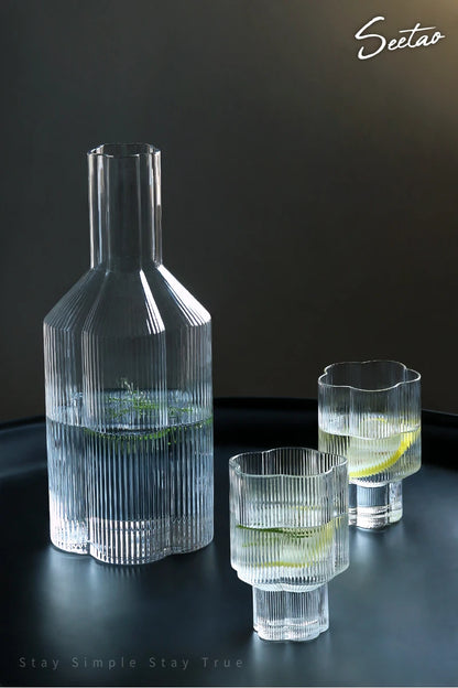 Clear Ice Cream Glass Whiskey Red Wine Glass Cup Flower Stripe Glass Mug Vintage Iced American Coffee Mug Home Stacked Cup