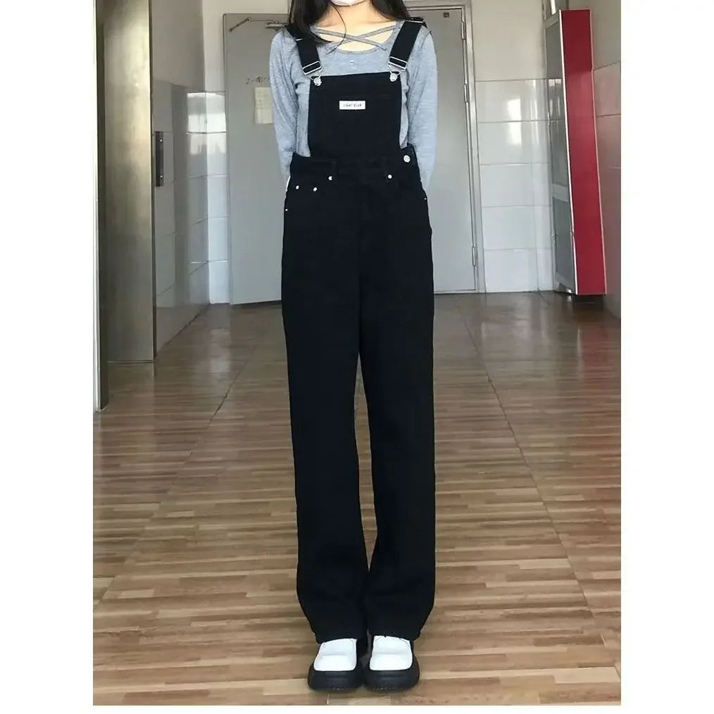 High Waist Wide Leg Jumpsuit Jeans Thin Strap Pants Korean Style Winter New Women's Loose Fit Trousers by None( AE Stock).