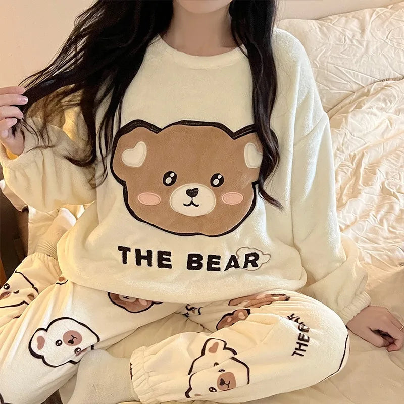 Thickened Warm Sleepwear for Winter Cartoon Flannel Pajamas Homewear Women Velvet Coral Velvet Cartoon Bear Nightwear Loungewear.
