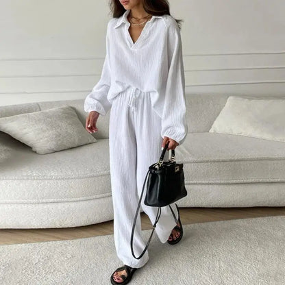 Women's Suit Solid Color Casual Loose 2025 Elegant Spring And Summer Fashion New Long-sleeved Lapel Top + Drawstring Pants Suit