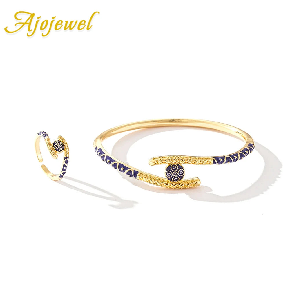 Ajojewel Golden Dubai Bride Jewelry Set Blue Enamel Bangle Ring Adjustable Bangles For Woman.