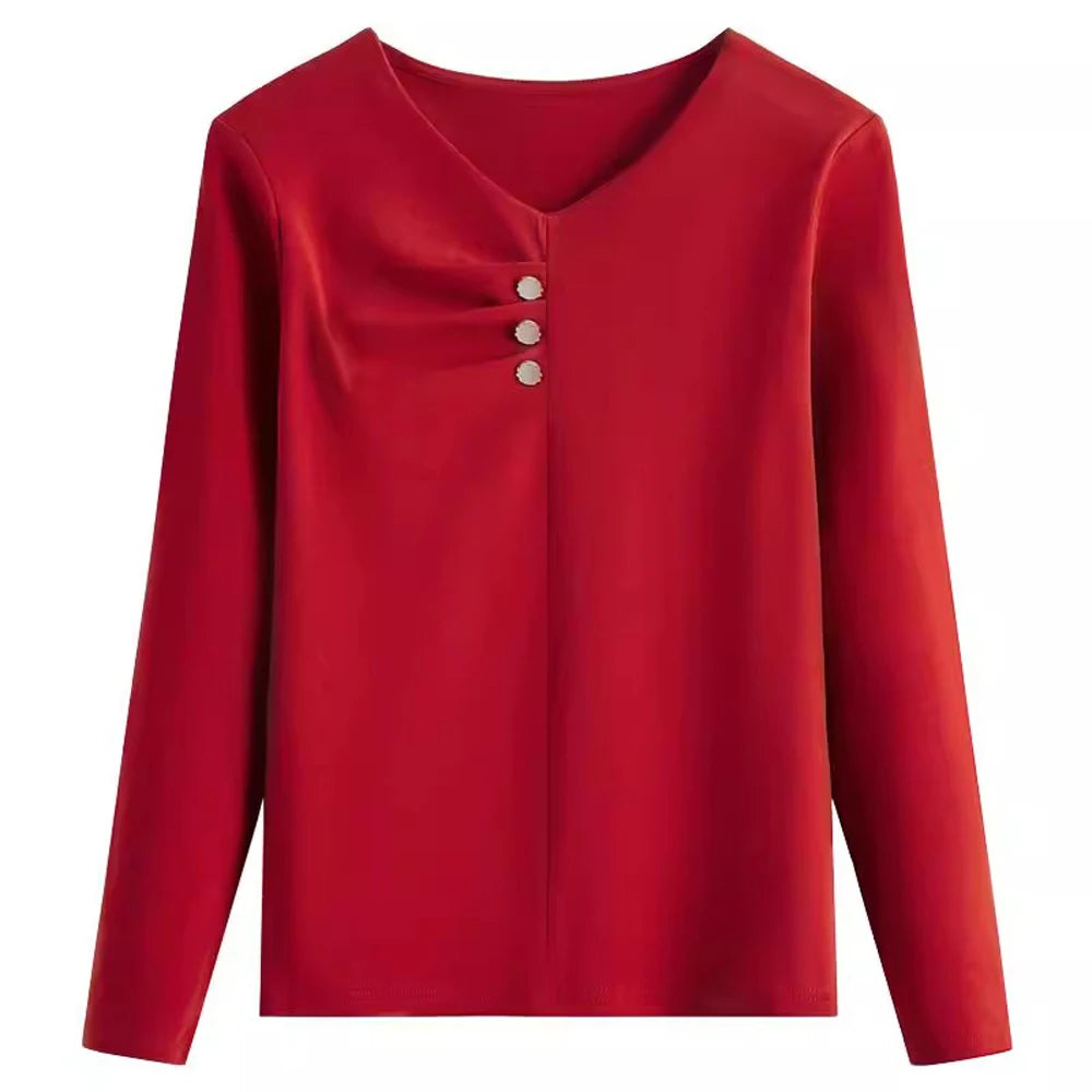 Wine red pure cotton long sleeved t-shirt for women's spring and autumn new style V-neck fashionable casual plus size loose top.