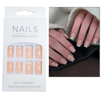 24pcs/set short square fake nails for women cute bride heart white french tips faux ongles y2k press on false nail supplies