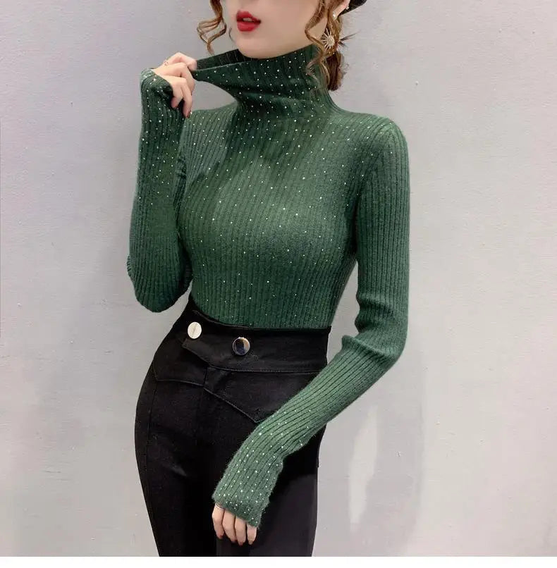 Women Clothing Fashion Elegant Turtleneck Pullover Autumn Winter Solid Slim Long Sleeve Sweater Office Lady Casual Dignified Top.
