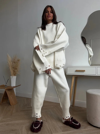 Bornladies Autumn Winter Women's New Turtleneck Knit Sweater Skinny Knit Pants Set Soft Oversized Ripped Hem Fashion Pullover.