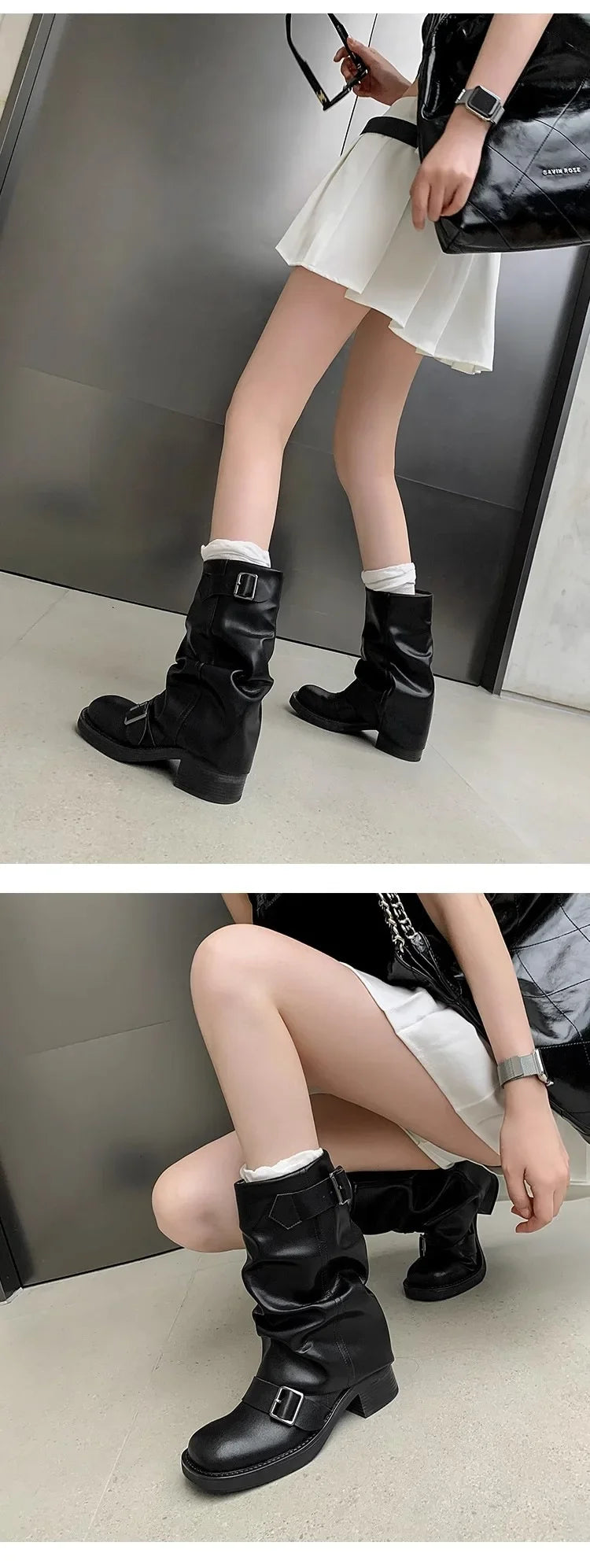 Pleated Buckle Knight Boots for Women Autumn Brown PU Leather Mid Calf Boots Woman Slip-On Thick Heel Riding Botas Mujer 2024.