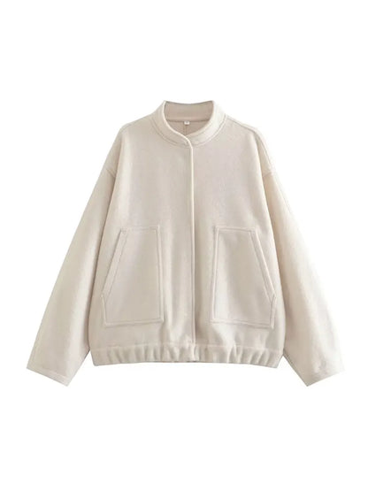 TRZA Frauen Mode Mit Taschen Übergroßen Bomber Jacke Mantel Vintage Langarm Druckknopf Weibliche Oberbekleidung Chic Tops