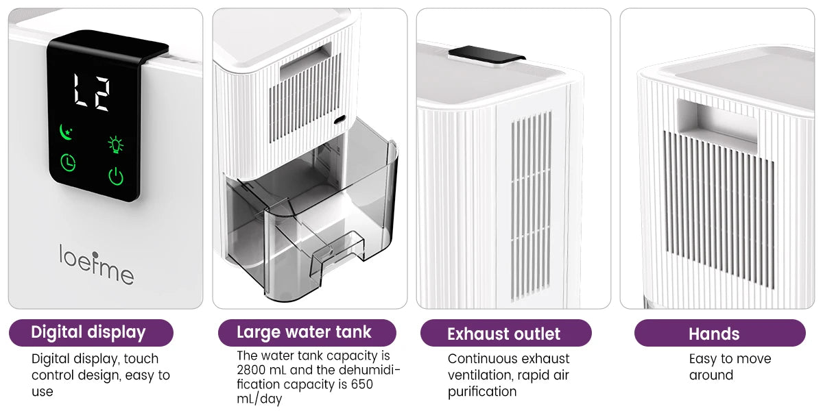 LOEFME 2.8L Mute Dehumidifier 650ml/Day Moisture Absorbers Air Dryer Quiet Air Dehumidifier with Touch Display For Home Bathroom.