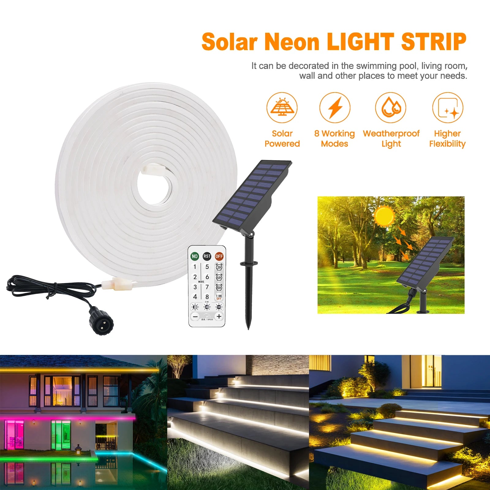 10M Solar Neon LED Strip Outdoor Pool IP67 Waterproof Flexible 2835 LED Tape Light Sign With Remote 24V 120LEDs/M Tube Diode.