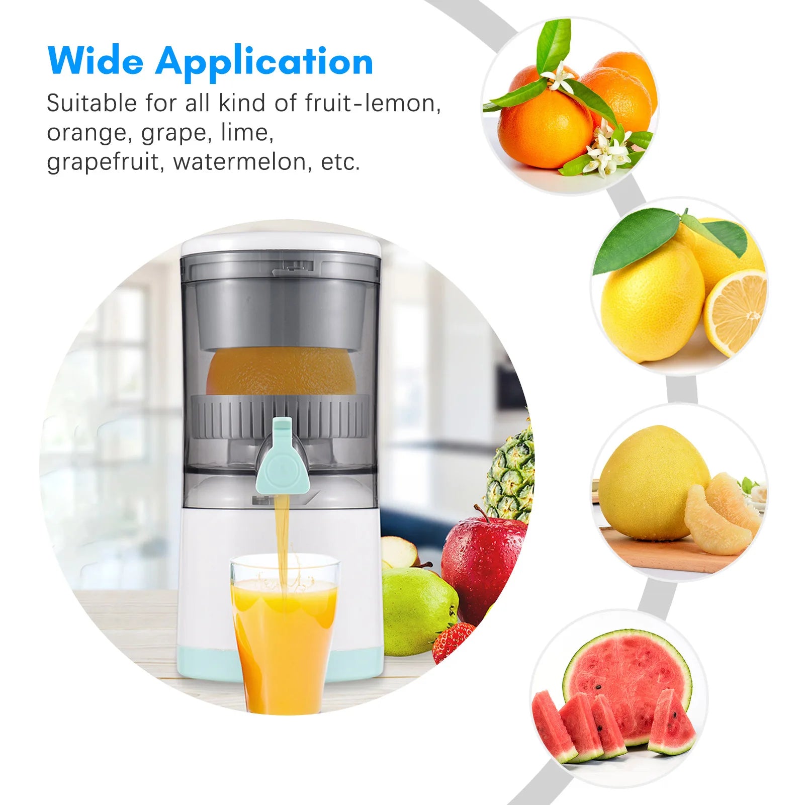 Electric Orange Juice Squeezer Hands Free Portable Citrus Juicer for Orange Lemon Apple USB Powered Detachable &Washable.