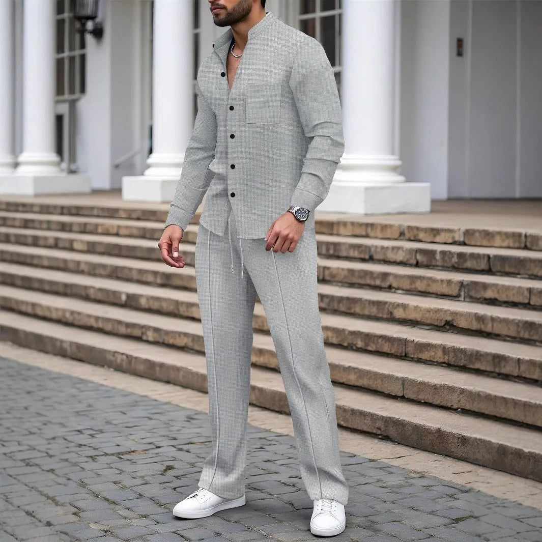 New autumn men's suit, waffle plain-colored long-sleevedshirt with pocket cardigan, stylish men's casual clothing long pants set.