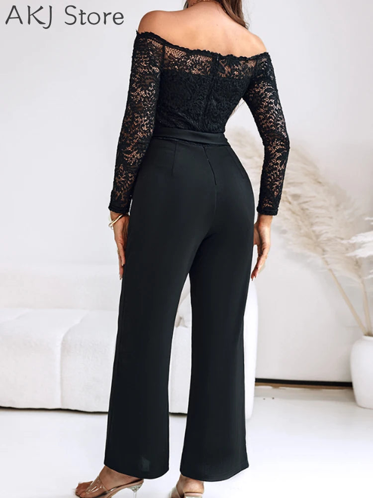 Off Shoulder Long Sleeve Eyelash Lace Spliced Slim Fit Overalls Casual Zipper Back Jumpsuit with Belt.