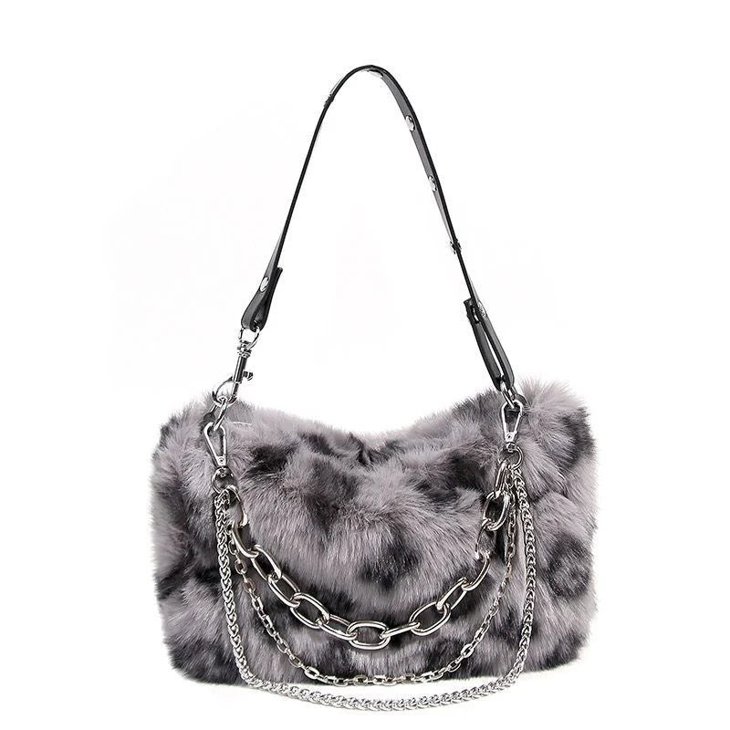 New Faux Fur Leopard Shoulder Bag Women's Autumn Winter Chain Handbags Ladies Leopard Print Clutch Purses Fluffy Top Handle Bags.