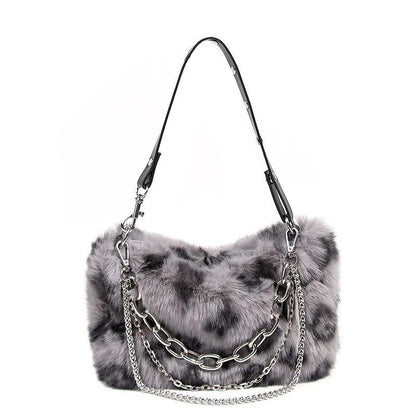 New Faux Fur Leopard Shoulder Bag Women's Autumn Winter Chain Handbags Ladies Leopard Print Clutch Purses Fluffy Top Handle Bags.