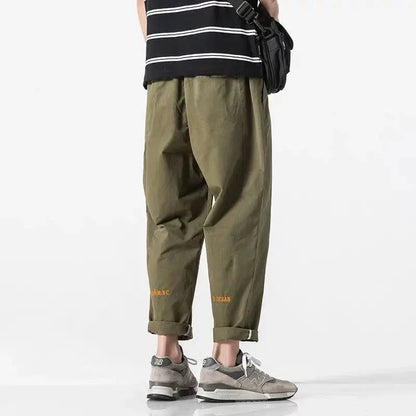 100% Cotton Casual Summer Pants With Belt Men Straight Baggy Ankle-Length Cargo Trousers Wide Leg Sweatpants Male Streetwear.