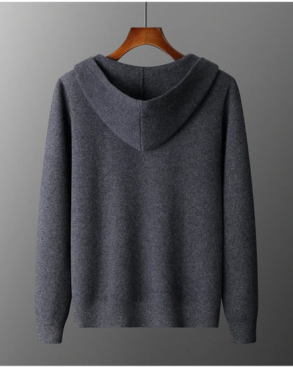 Men's 100% Cashmere Sweater Zipper Hooded Cardigan Warm Air Layer Thickened Jacket Jacquard Casual Knitted Wool Sweater.