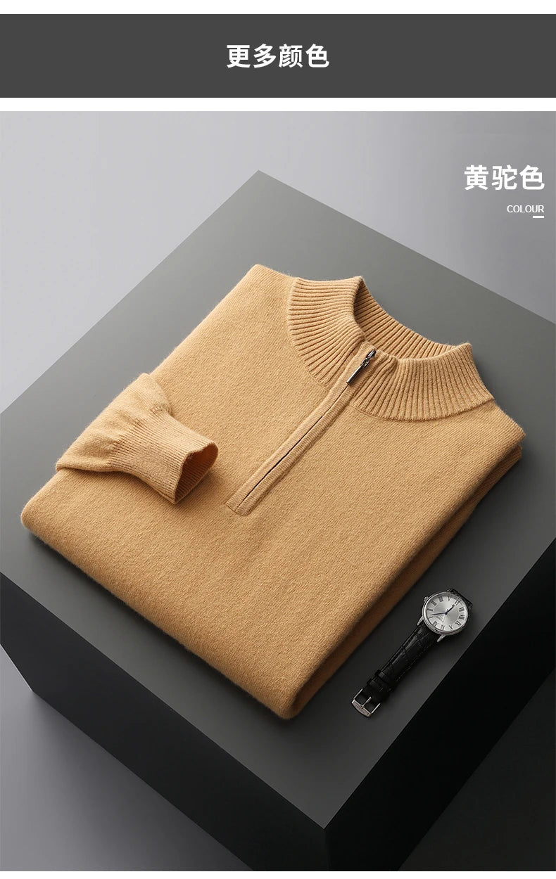 New Half Turtleneck Zipper Men's Pullover 100% Cashmere Sweater Solid Color Casual Versatile Wool Sweater Men's Clothing.