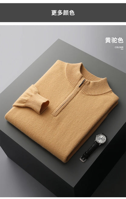 New Half Turtleneck Zipper Men's Pullover 100% Cashmere Sweater Solid Color Casual Versatile Wool Sweater Men's Clothing.