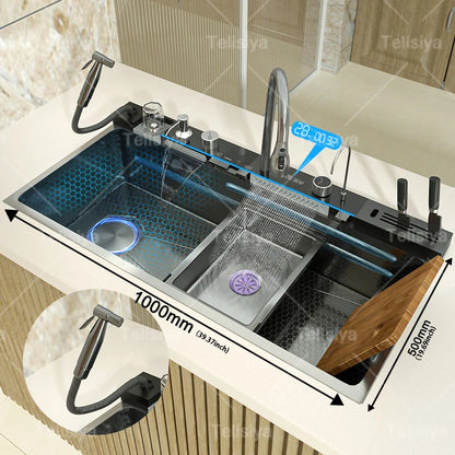 Various Waterfall kitchen Sink  Stainless Steel Multifunctional Large Single Slot Digital Display Sinks