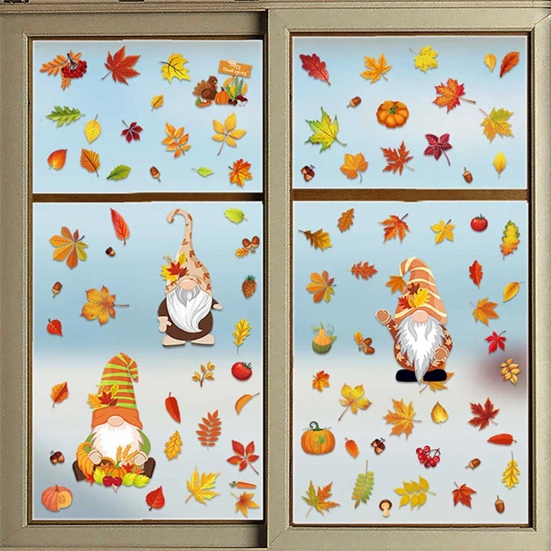 6 Sheets Autumn Thanksgiving Gnomes Window Clings Decal Fall Pumpkin Maple Leaf Electrostatic Stickers Wall Decor X3UC.