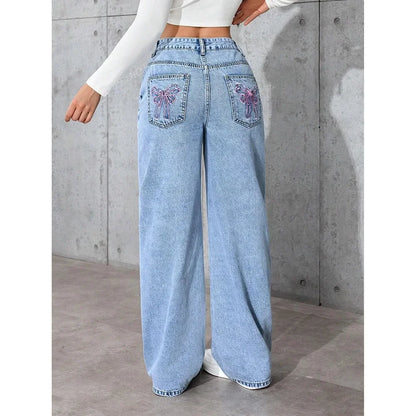 Fashionable Loose Women's Jeans High Waist Straight Leg Summer New Style Printed Trendy Cross-Border Denim Pants.