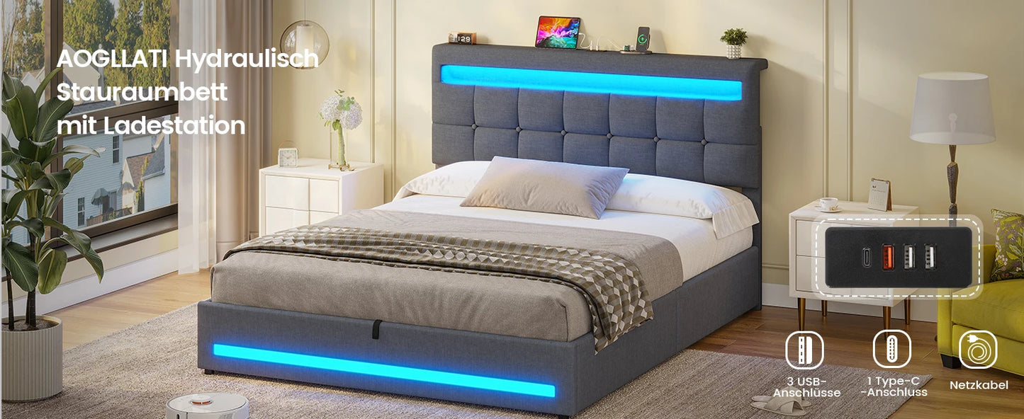 140 x 200 cm großes Polsterbett mit Doppelbettrahmen und LED-Beleuchtung und Ladestation. Kopfteil inklusive schwebendem Bettdesign