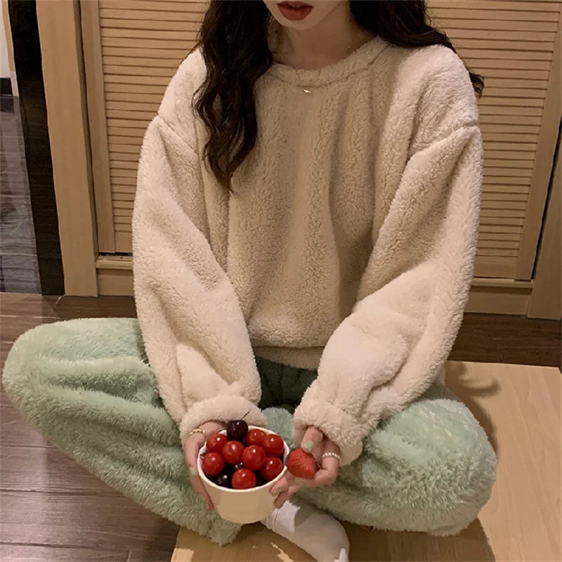 Winter Women Warm Fashion Pajama Sets Sweet   Elegant French Style Girlish Leisure Thicken Flannel Comfort Pajamas