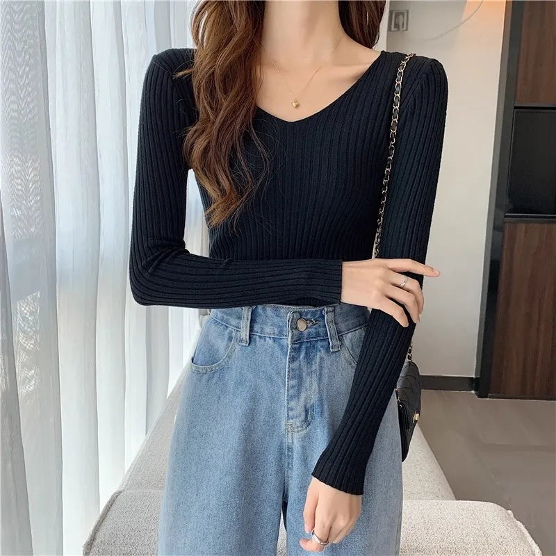 2025 einfarbig Schlank Pullover Koreanische Herbst Winter V-ausschnitt Pullover Mode Lässig Langarm Gestrickte Pullover Frauen Kleidung
