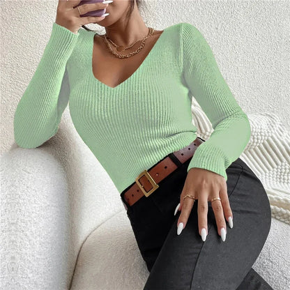 2026 herbst Winter Frauen Solide Rippen Stricken V-ausschnitt Streifen Pull Pullover Femme Y2k Langarm Pullover Jersey Tops Mode Kleidung