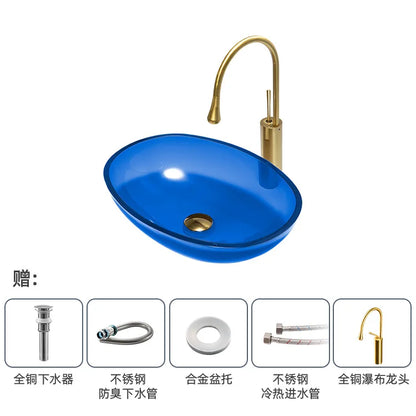 Farbiges, transparentes Badezimmerwaschbecken aus gehärtetem Glas, Hotel, modernes Aufsatzwaschbecken, Waschbecken mit Wasserfall-Wasserhahn, 49 x 35 x 13 cm