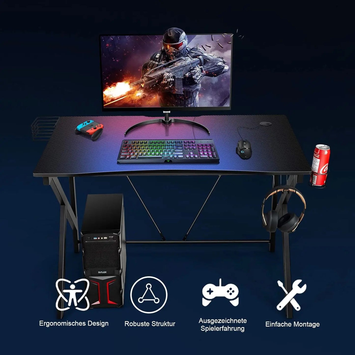 Spieltisch k-förmiger Computer tisch PC-Tisch Schreibtisch mit Getränke halter, Kopfhörer haken und Video regal 115x73 cm