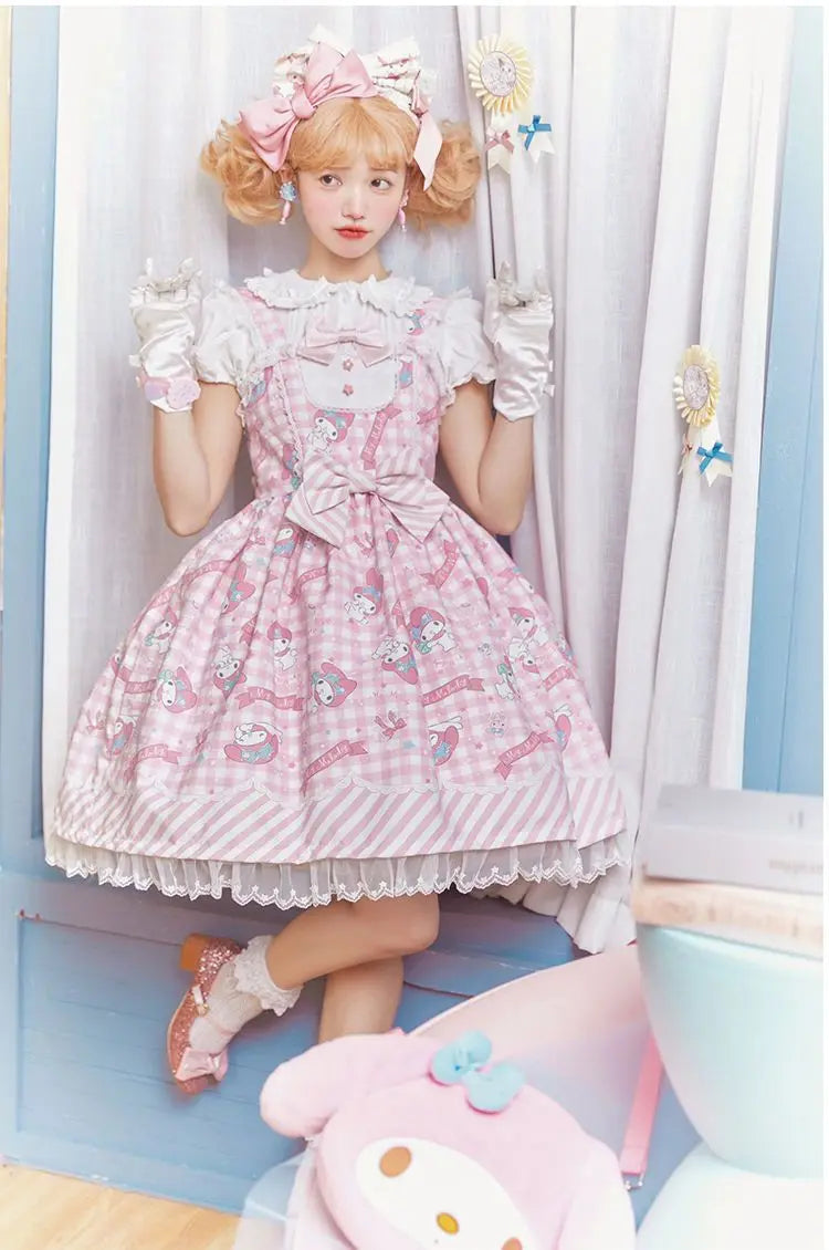 Anime My Melody Lolita Kleid Cinnamoroll Prinzessin Kleid Kuromi Süßer süßer Druck Schleife Spitze Party Trägerkleid Kawaii Academy Kleid.