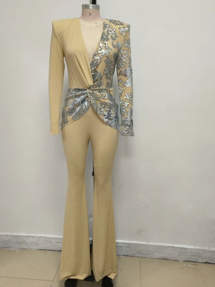 Sexy Deep V Neck Sparkly Diamonds Design Jumpsuit Women Long Sleeve Draped Wide Leg Jumpsuit Elegant Evening Club Costume Runway