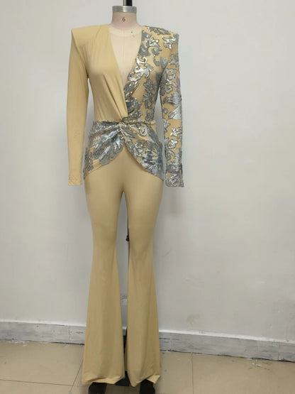 Sexy Deep V Neck Sparkly Diamonds Design Jumpsuit Women Long Sleeve Draped Wide Leg Jumpsuit Elegant Evening Club Costume Runway