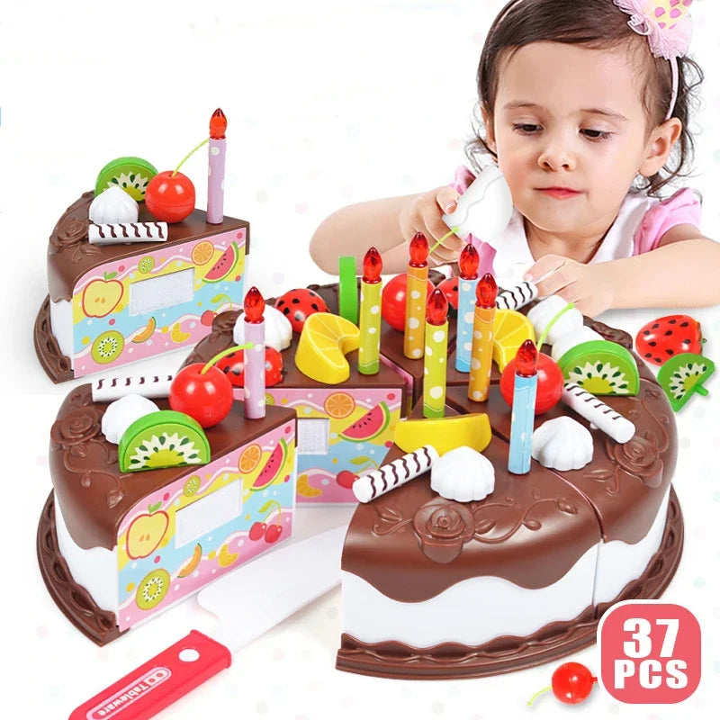 Kids Toy Simulation DIY Birthday Cake Model Kitchen Pretend Play House Cutting Fruit Food Toy for Toddler Children Gift Boy Girl.