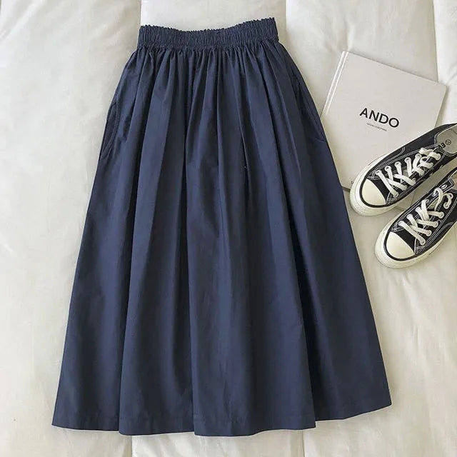 Women Black skirt midi High waist korean style Pleated a line Vintage Clothing 2025 new Summer Casual Fashion Ladies Work Wear