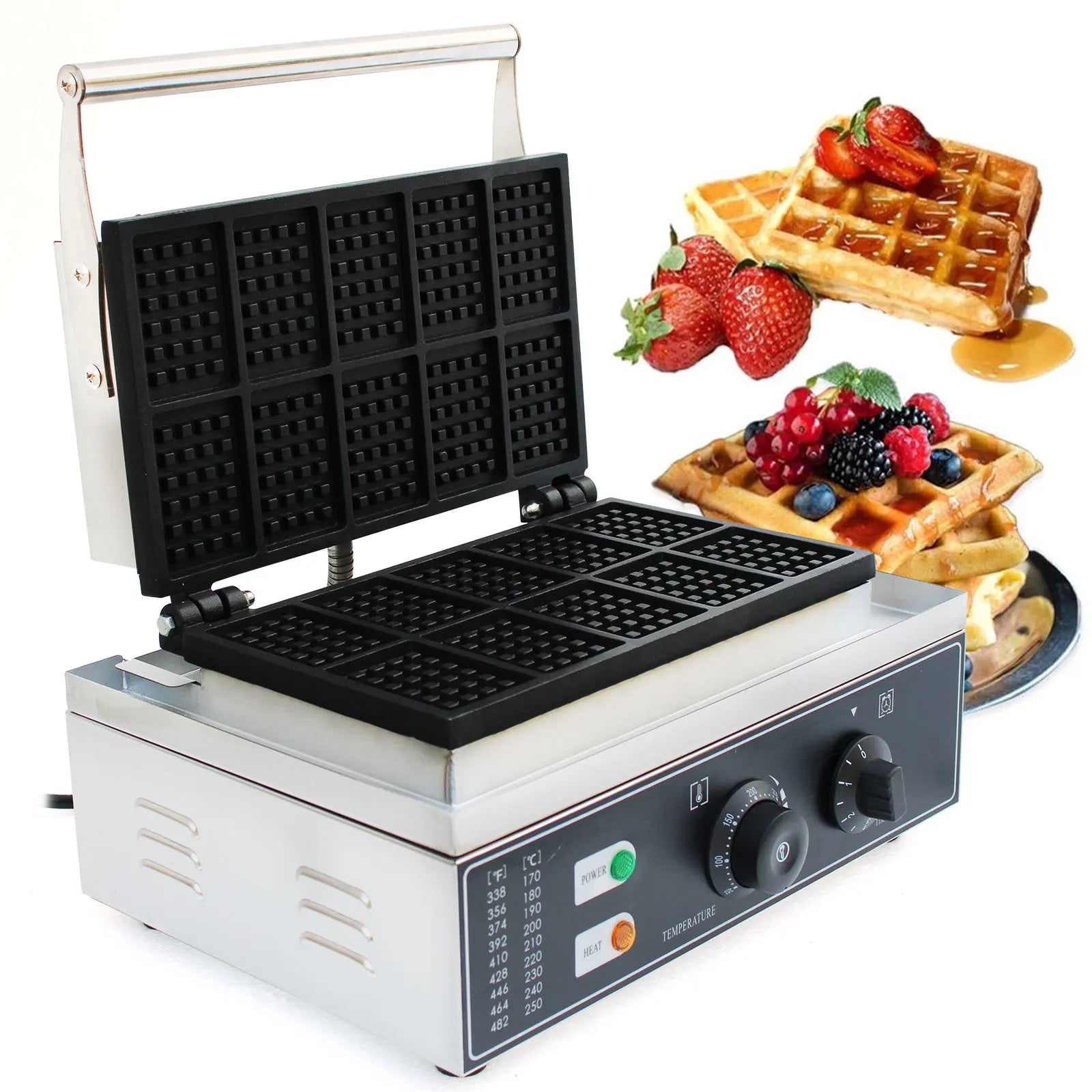 Sweetmile Stainless steel waffle iron Waffle maker 10 grid non-stick pan Commercial Waffle Maker Machine 1500W 50~300℃.