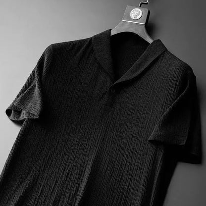 Summer Lightweight Pleated Cotton Casual Sports Set Men's Thin Comfortable Breathable Fashionable Collar Short Sleeve Two-Piece