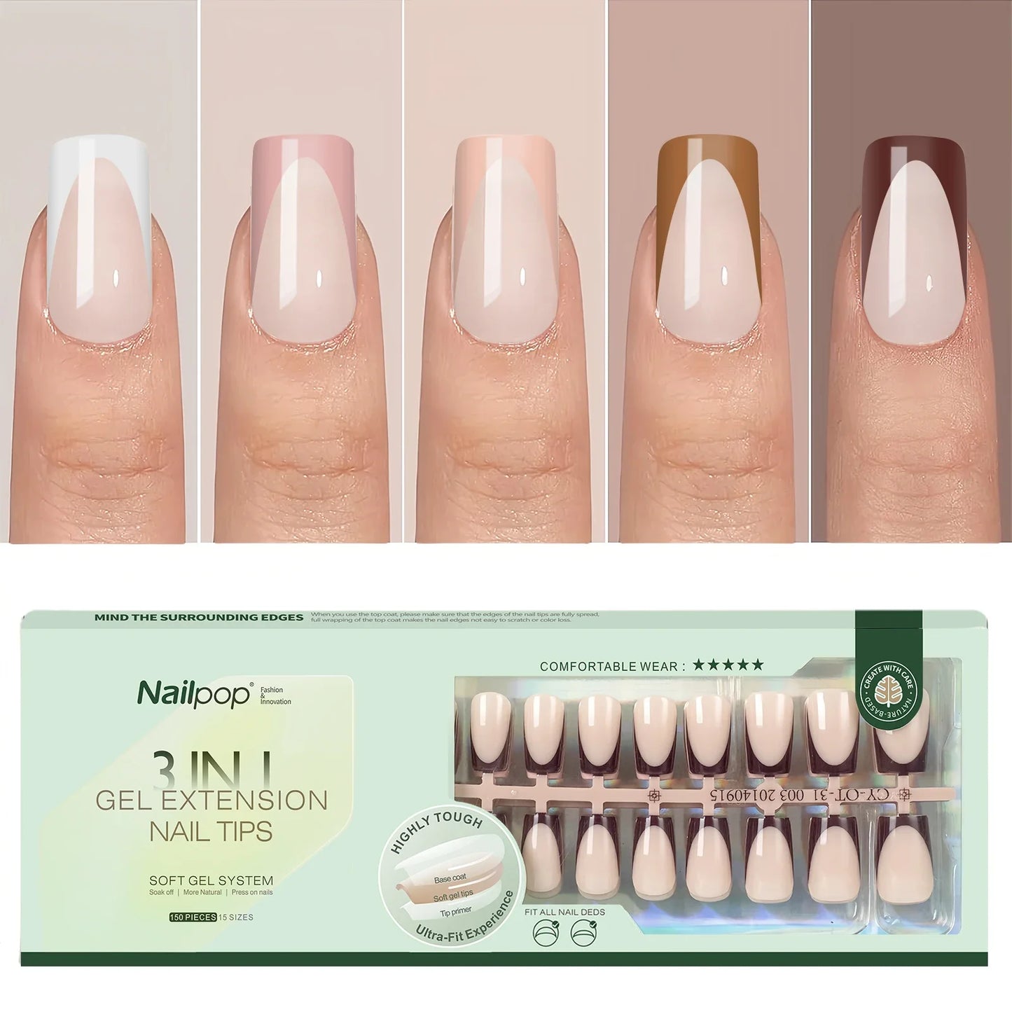 Nailpop 150Pcs French Gel Nail Tips Medium Almond Pre-Colored Press on Nails Skin Tones Soft Gel Nails False Nail Extensions