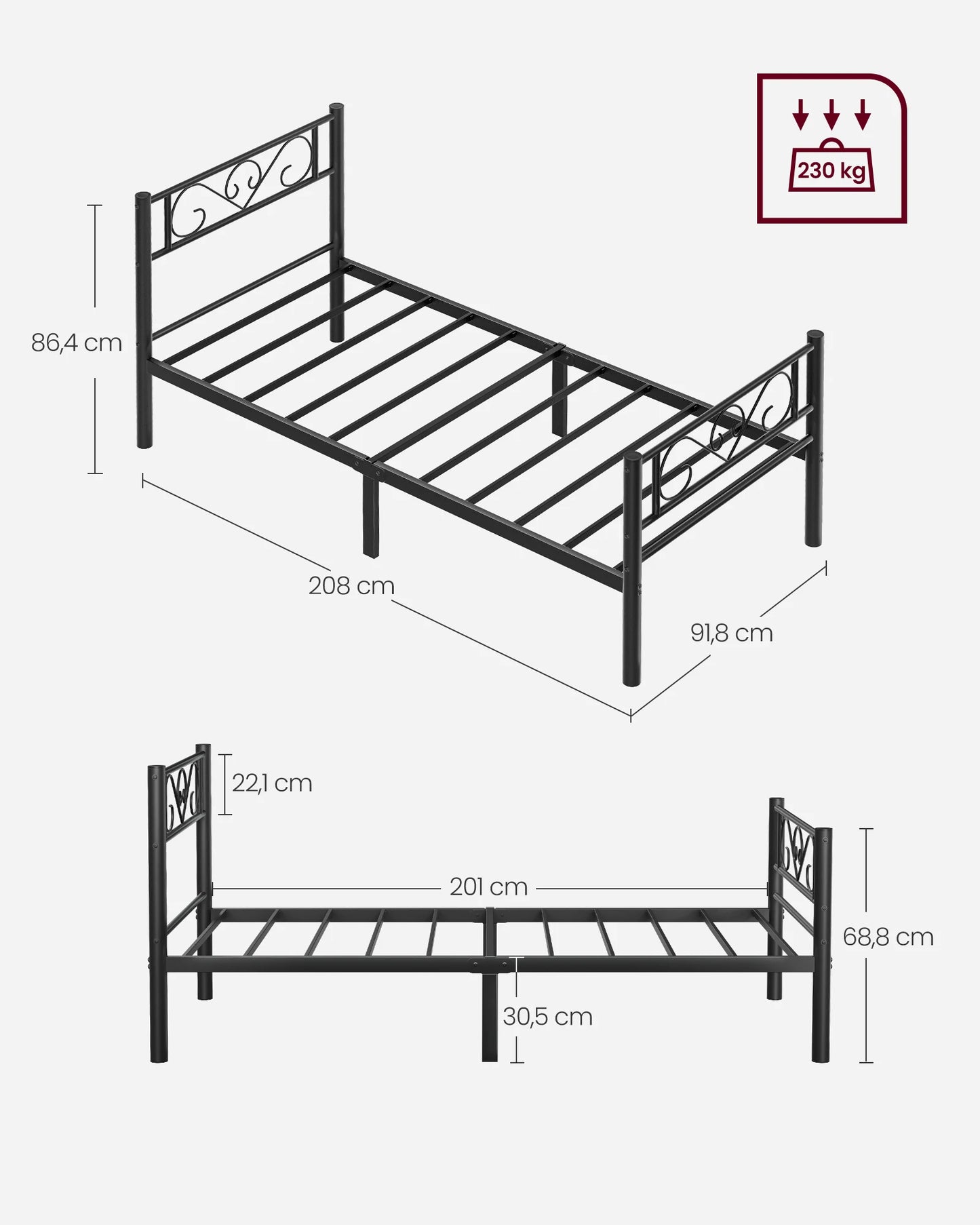 VASAGLE Bett 90 x 200 cm, Gästebett, Einzelbett aus Metall, Bettgestell, Bettrahmen, Metallbett, einfache Montage, tintenschwarz