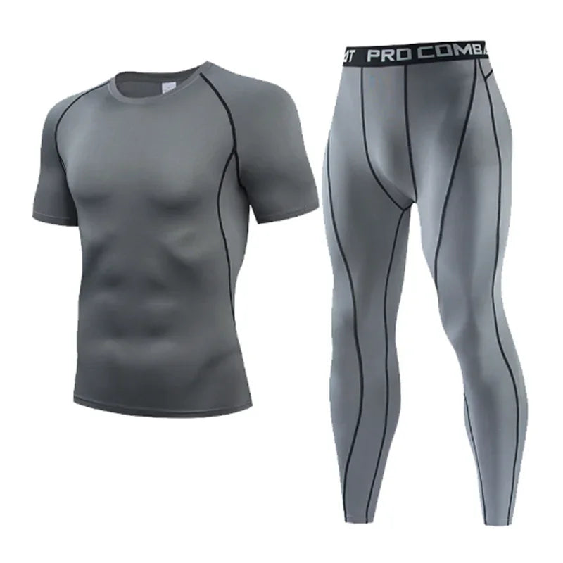 New Men's Tracksuit Gym Fitness Running 2 Pcs/Set Quick Dry Sweat-absorb Compression Sport Suit Clothes Jogging Sport Wear S-3XL