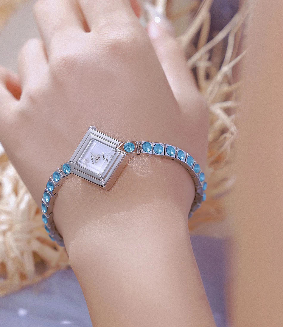 Luxury Women's Watch Square Dial Blue Rhinestones Bracelet Waterproof Fashion Elegant Wristwatch for Women Daily Wear Gifts.