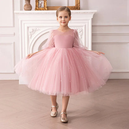 Kinder Kleider V-Rücken Große Schleife Perlen Prinzessin Kleid Geburtstag Party Tüll Kleid Für Mädchen Leistung Hochzeit Prom Flauschigen kleid.