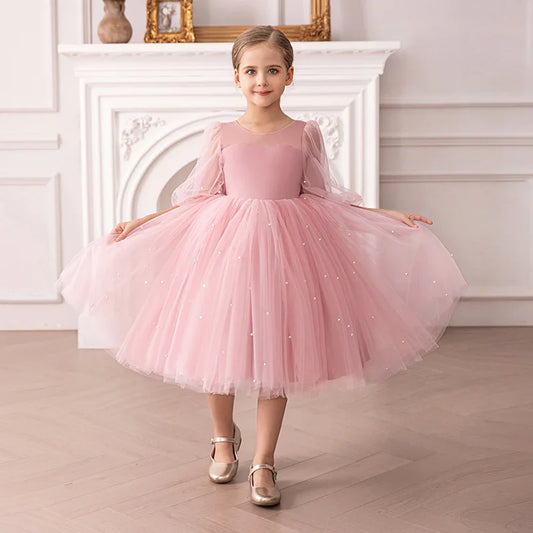 Kinder Kleider V-Rücken Große Schleife Perlen Prinzessin Kleid Geburtstag Party Tüll Kleid Für Mädchen Leistung Hochzeit Prom Flauschigen kleid.