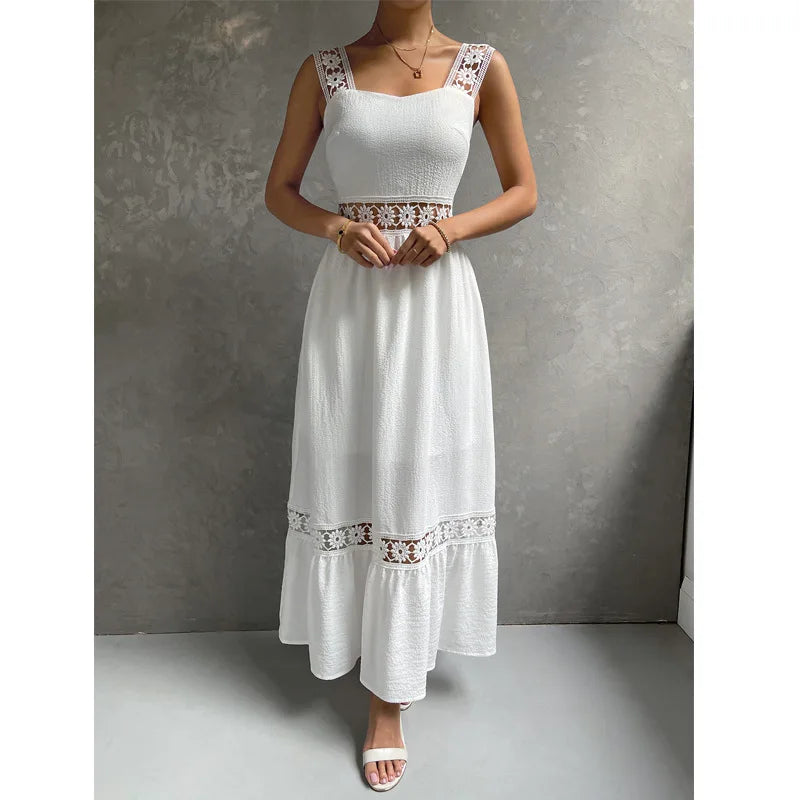 Weiße Lange Kleid Frauen Sommer Sexy Sleeveless Backless Maxi Kleider Damen Elegante Hohle Heraus Spitze Kleid Boho Sommerkleid Vestidos.