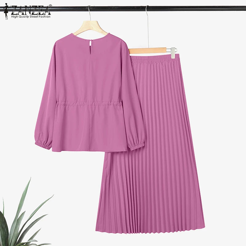 ZANZEA Elegant Women Autumn 2 Piece Sets Muslim Tracksuits Fashion Long Sleeve Tops Pleated Maxi Skirts Suit 2PCS Work Outfits.