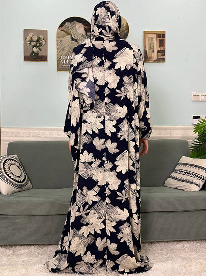 Muslim Cotton Abayas For Women Traditional Floral Ramadan Prayer Garment African Caftan Marocain Femme Robe Connected Headscarf