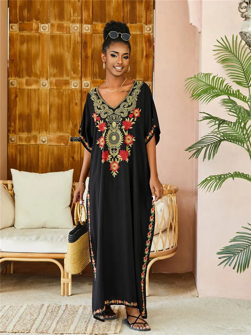 Women Embroidered Kaftan Dress Caftan Loungewear Long Bathing Suit Cover Up Beach Wear Vacation Outfit Loose Summer Women's Robe.