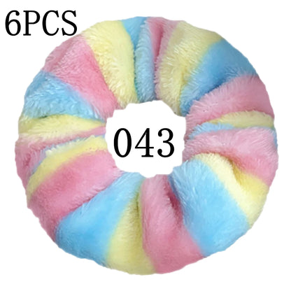 6pc Hair Scrunchies Furry Elastic Band Women Girl Ponytail Holder Rubber Ties Accessories Plush Faux Fur Soft Chiffon Headband