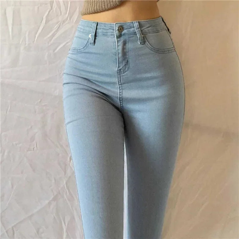 High Waist plus Size Denim Jeans Women's Fitting Pencil Pants Elastic Casual Long Trousers Light Blue Spring Autumn Wear.